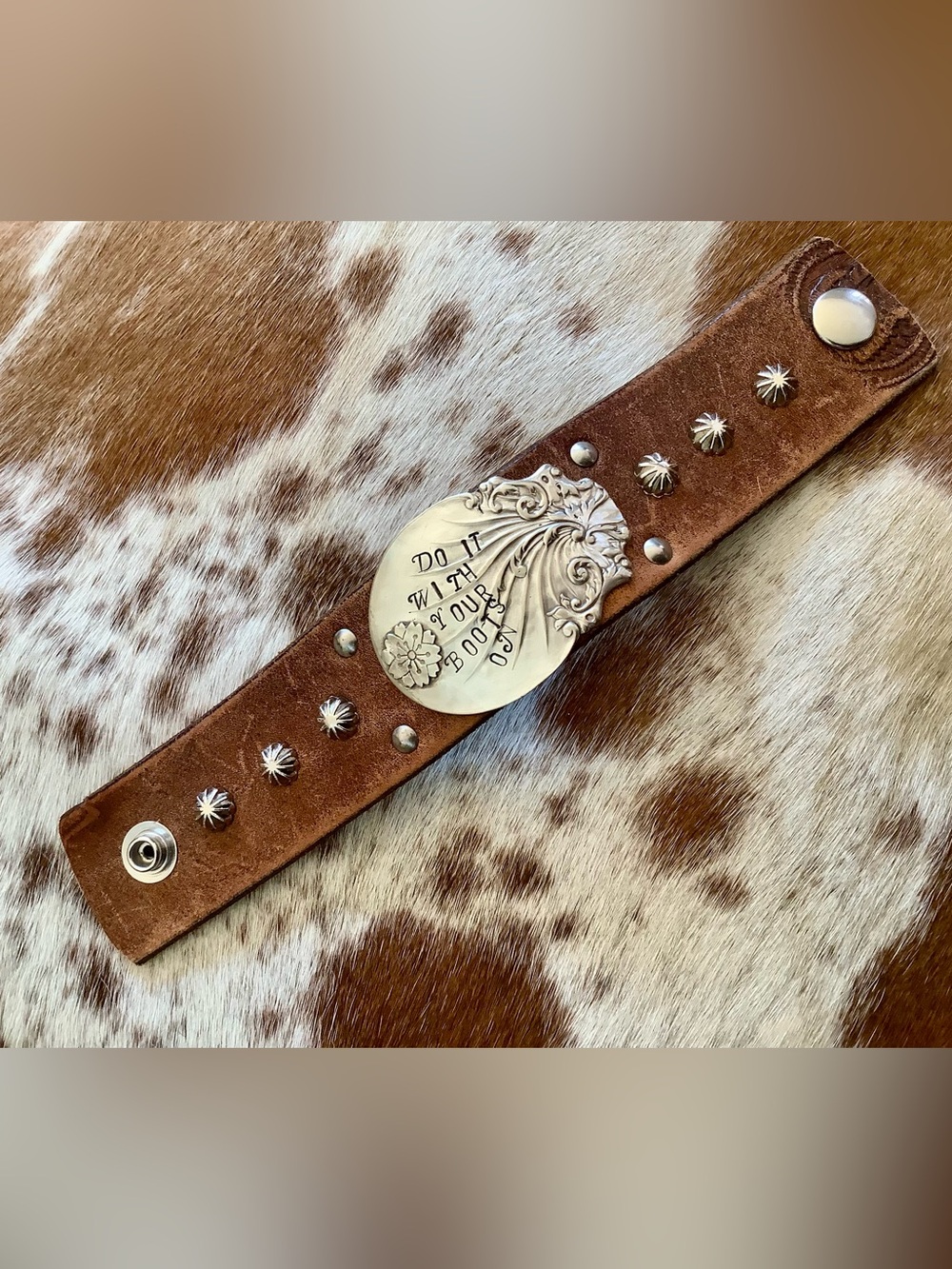 Leather Cuff Bracelet with Ornate Silver-Plated stamped message